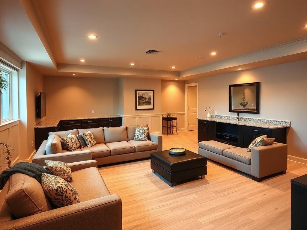 Finished basement living space with modern finishes